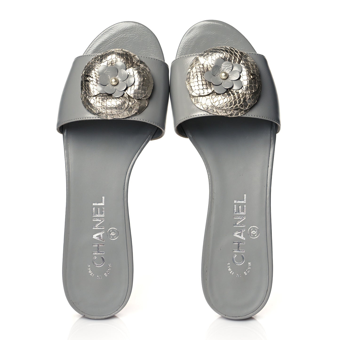 Metallic Lambskin Camellia Pearl Slides 37 Grey Silver