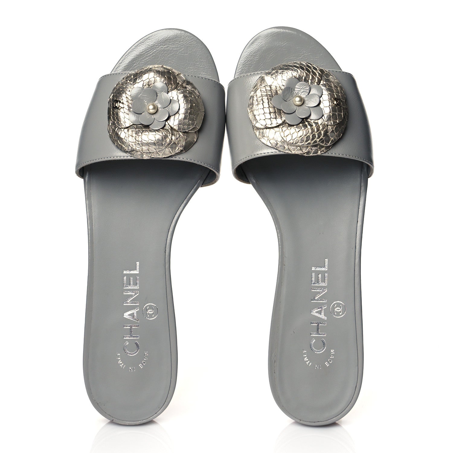 Chanel Metallic Lambskin Camellia Pearl Slides 37 Grey Silver 5 of 10