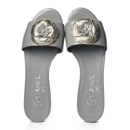 Chanel Metallic Lambskin Camellia Pearl Slides 37 Grey Silver 5 of 10
