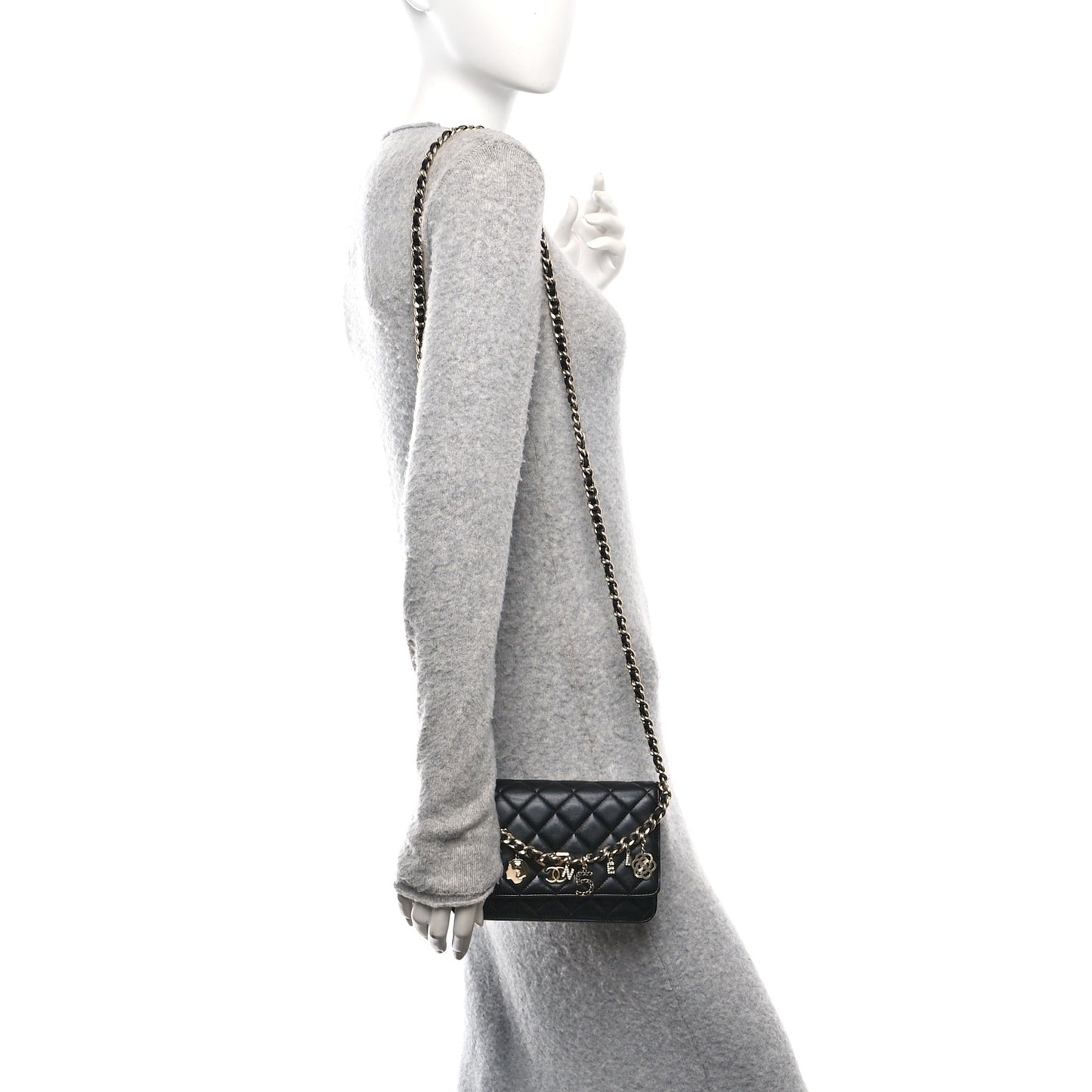 Lambskin Quilted Coco Charms Wallet On Chain Black