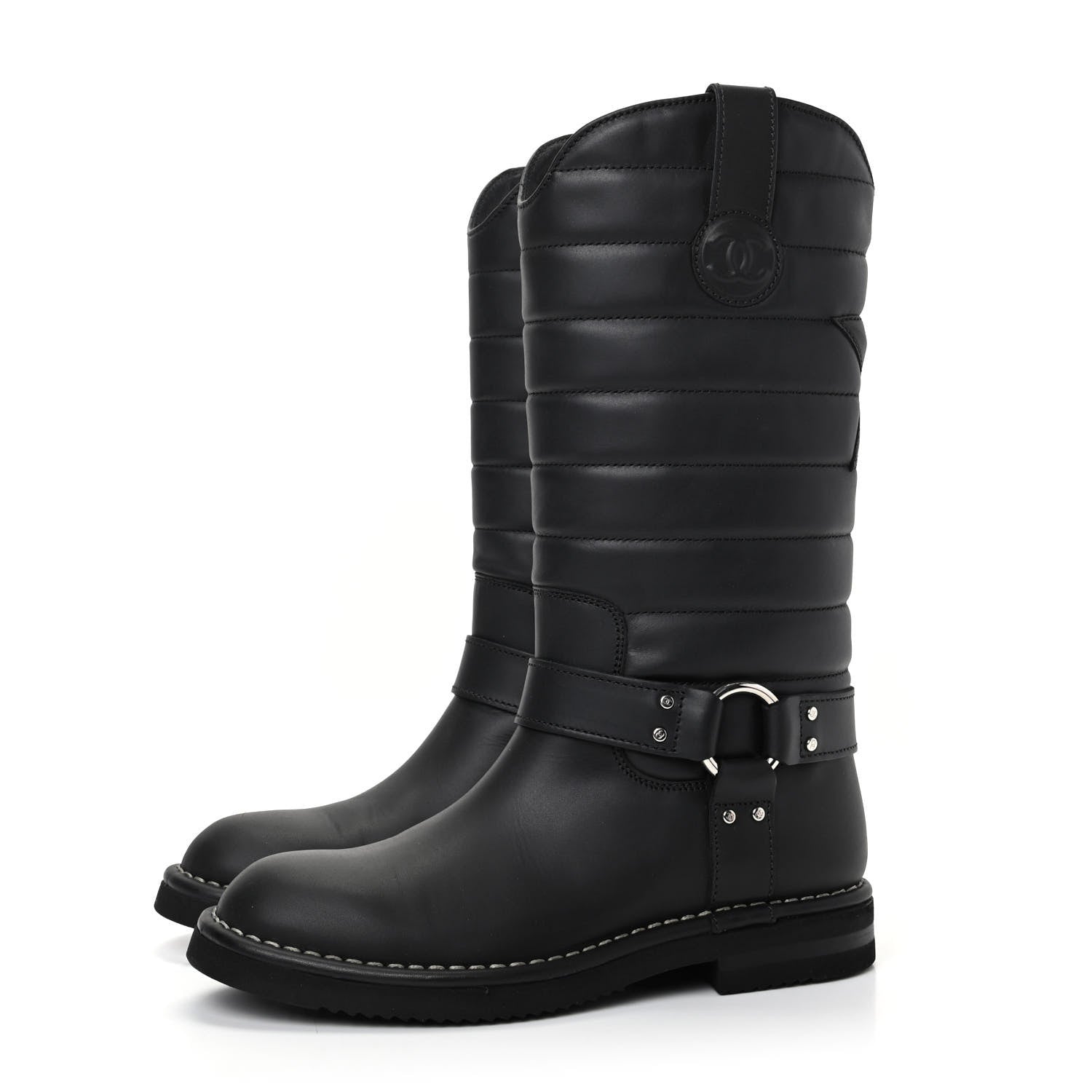 Chanel Oily Calfskin Star Quilted Biker Boots 36.5 Black 3 of 11