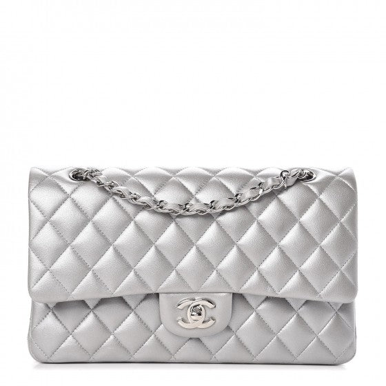Metallic Lambskin Quilted Medium Double Flap Silver
