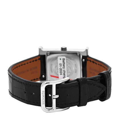 Hermes Stainless Steel Alligator Diamond Bezel Mother of Pearl 21mm Heure H Hour Quartz Watch Noir 3 of 5