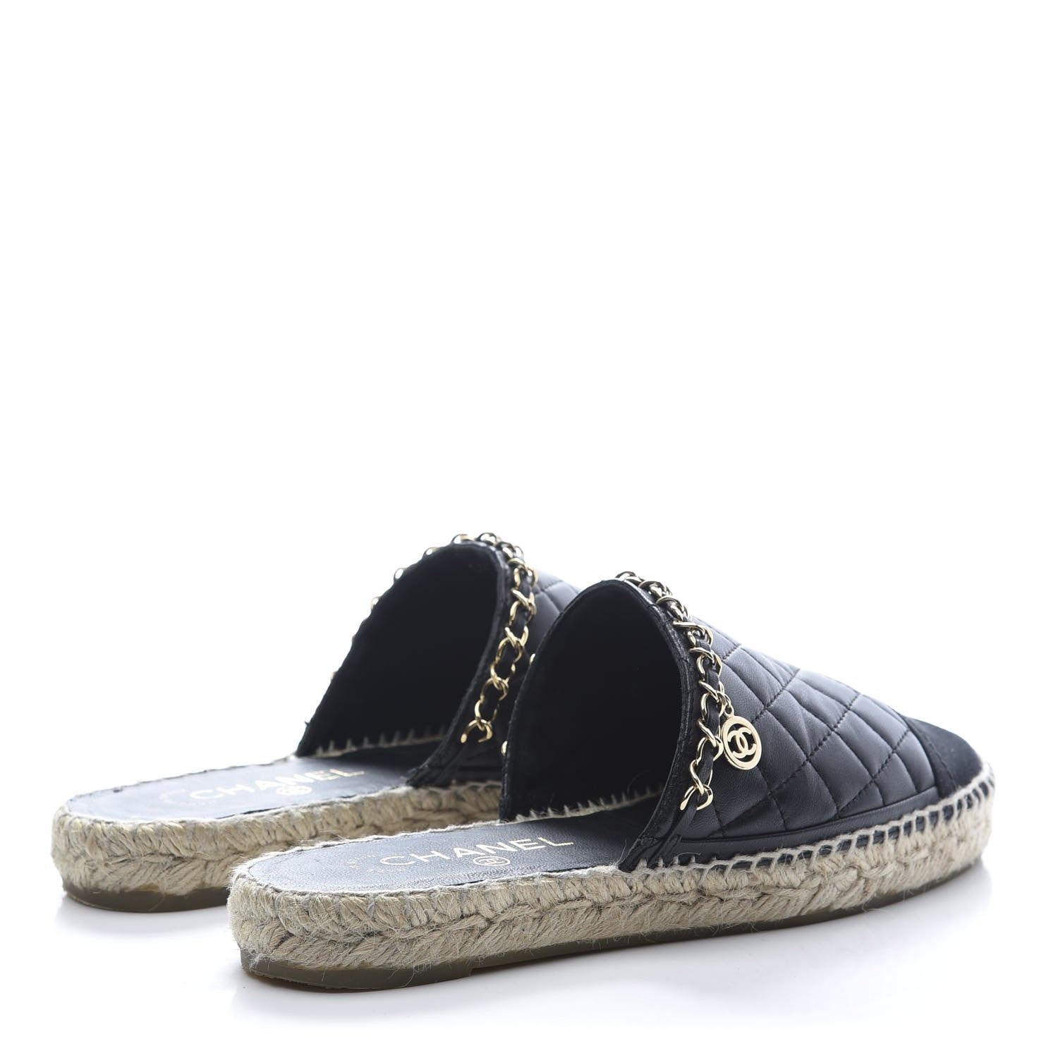 Chanel Lambskin Grosgrain Quilted CC Chain Espadrille Mules 37 Black 4 of 9