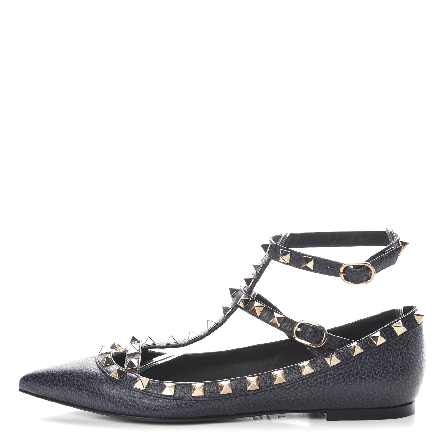 Pebbled Calfskin Rockstud Cage Ballerina Flats 37 Deep Denim