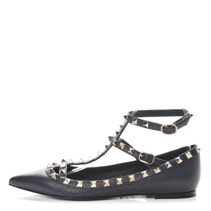 Valentino Garavani Pebbled Calfskin Rockstud Cage Ballerina Flats 37 Deep Denim 1 of 8