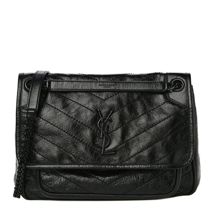 Saint Laurent Crinkled Calfskin Matelasse Monogram Medium Niki Chain Satchel Black 1 of 13
