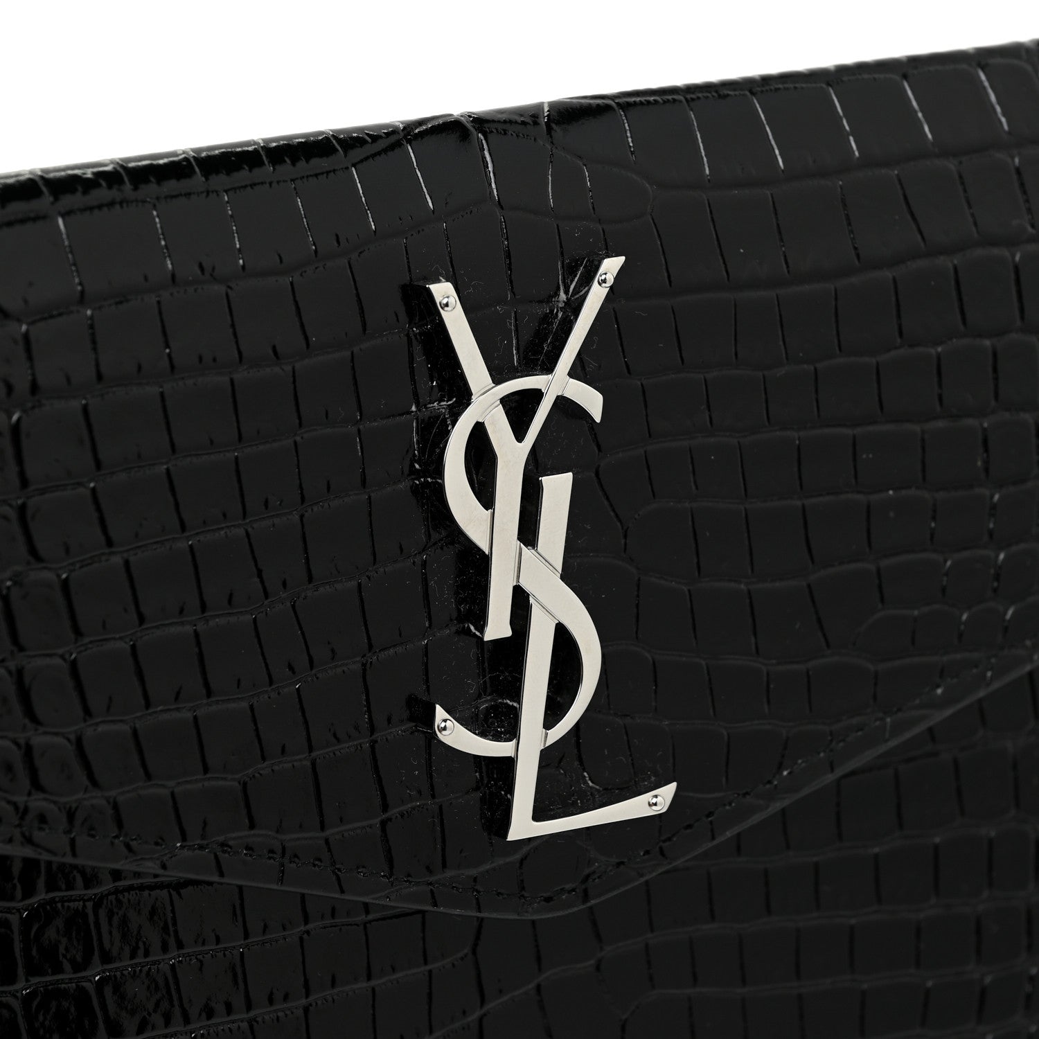 Saint Laurent Calfskin Crocodile Embossed Uptown Monogram Pouch Black 10 of 11