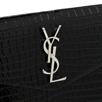 Saint Laurent Calfskin Crocodile Embossed Uptown Monogram Pouch Black 10 of 11