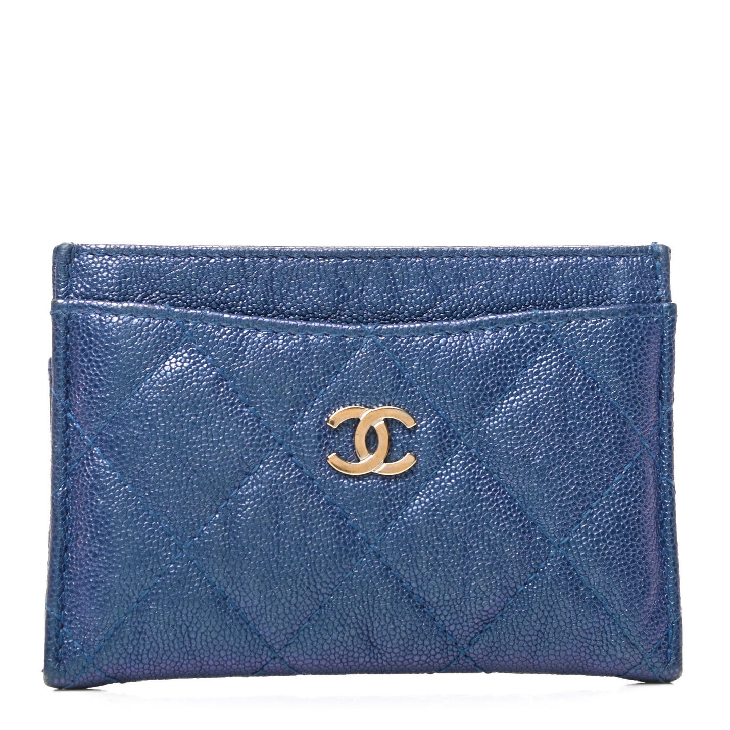 Iridescent Caviar Quilted Card Holder Dark Blue