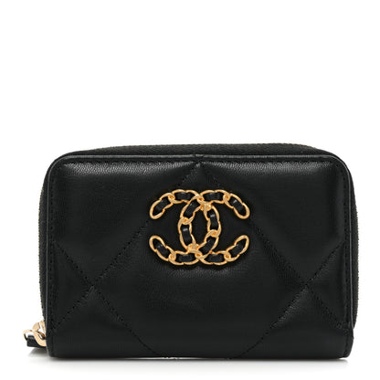 Chanel Lambskin Quilted Chanel 19 Zip Around Coin Purse Wallet Black 1 of 12