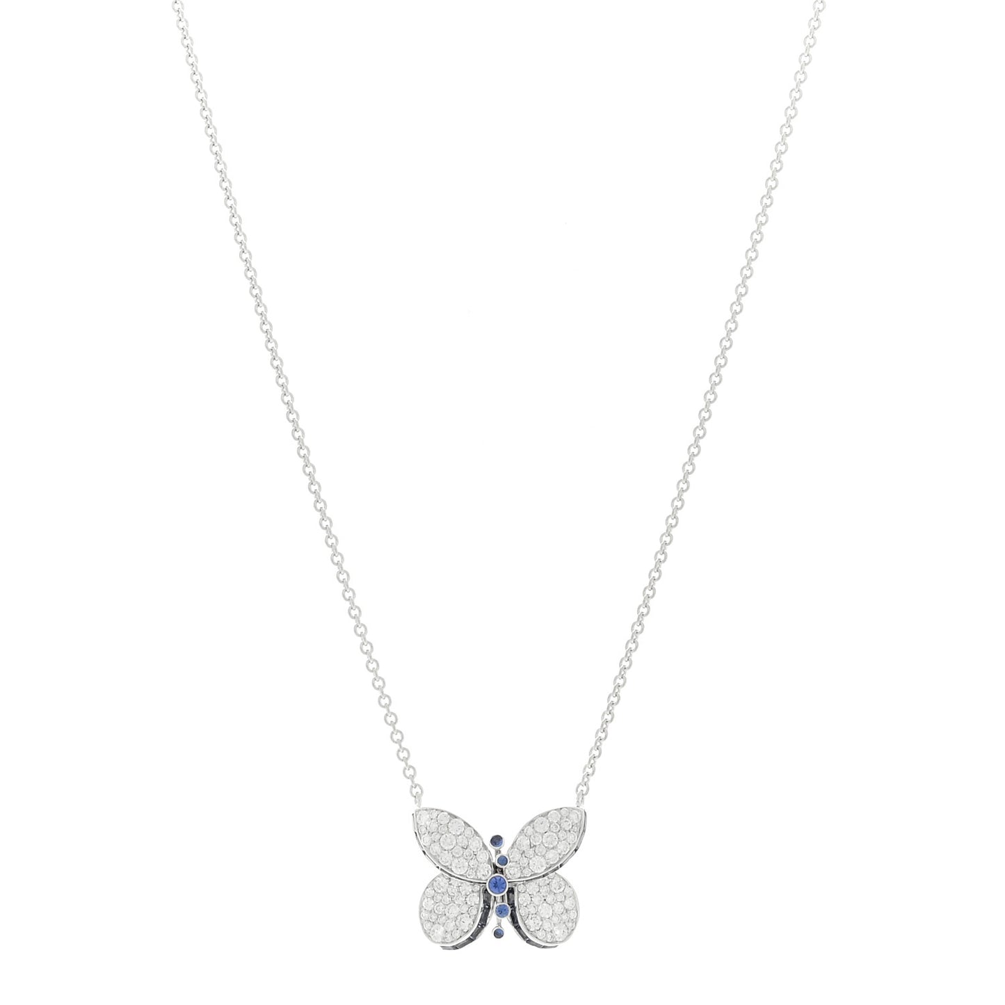 18K White Gold Diamond Blue Sapphire Baby Princess Butterfly Pendant Necklace