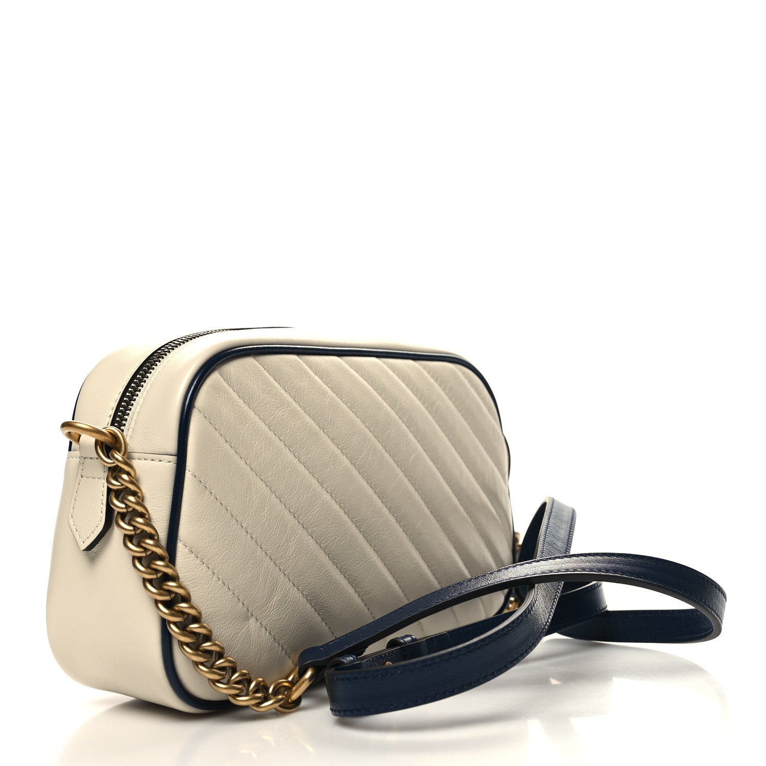 Gucci Vintage Effect Calfskin Matelasse Diagonal Small Torchon GG Marmont Chain Shoulder Bag Mystic White Blue Agata 3 of 11