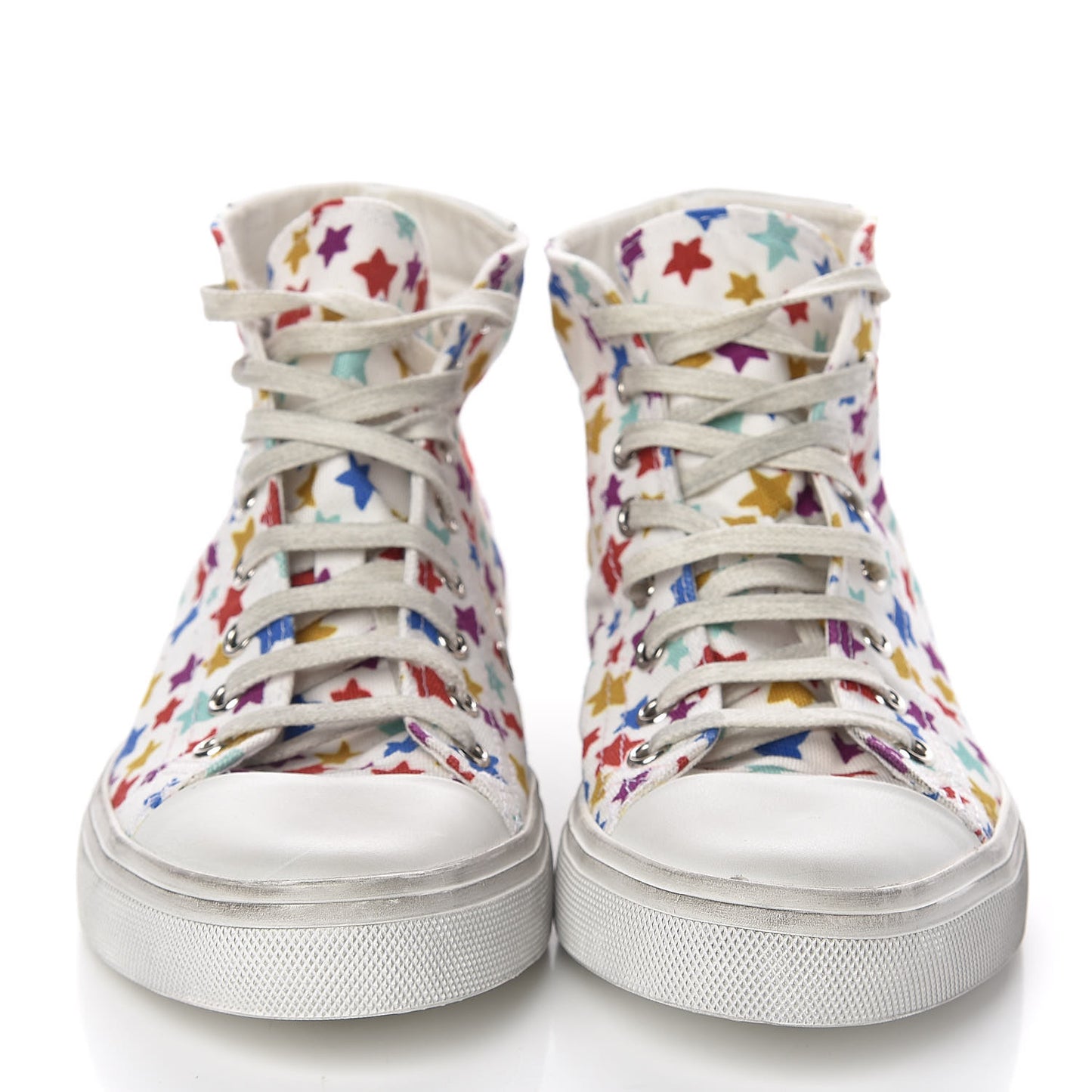 Distressed Canvas Fun-Star Print Bedford Hightop Sneakers 36 Cream