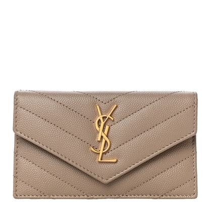 Saint Laurent Grain De Poudre Matelasse Chevron Monogram Compact Wallet Case Dark Beige 1 of 9