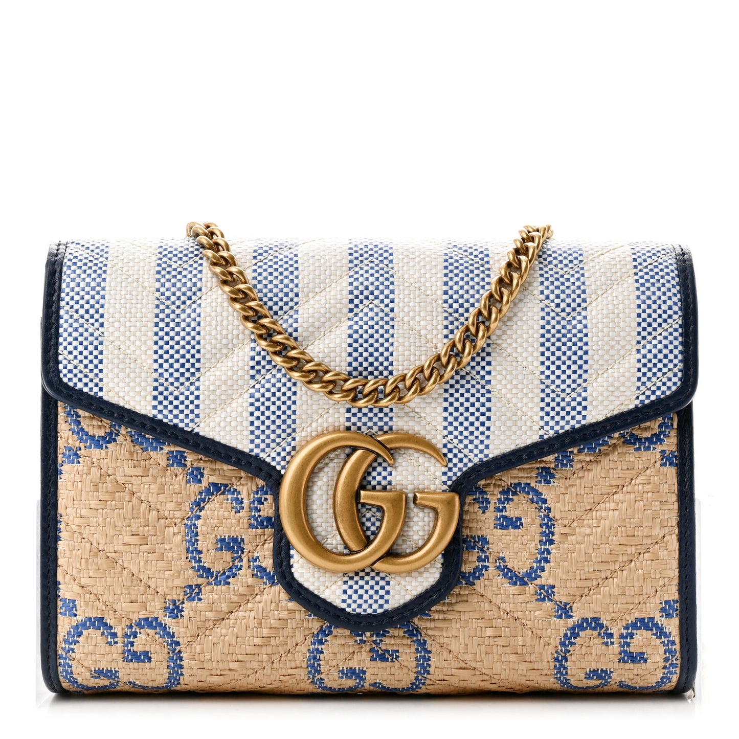 Raffia GG Monogram Matelasse GG Marmont Chain Wallet Mystic White Royale Natural