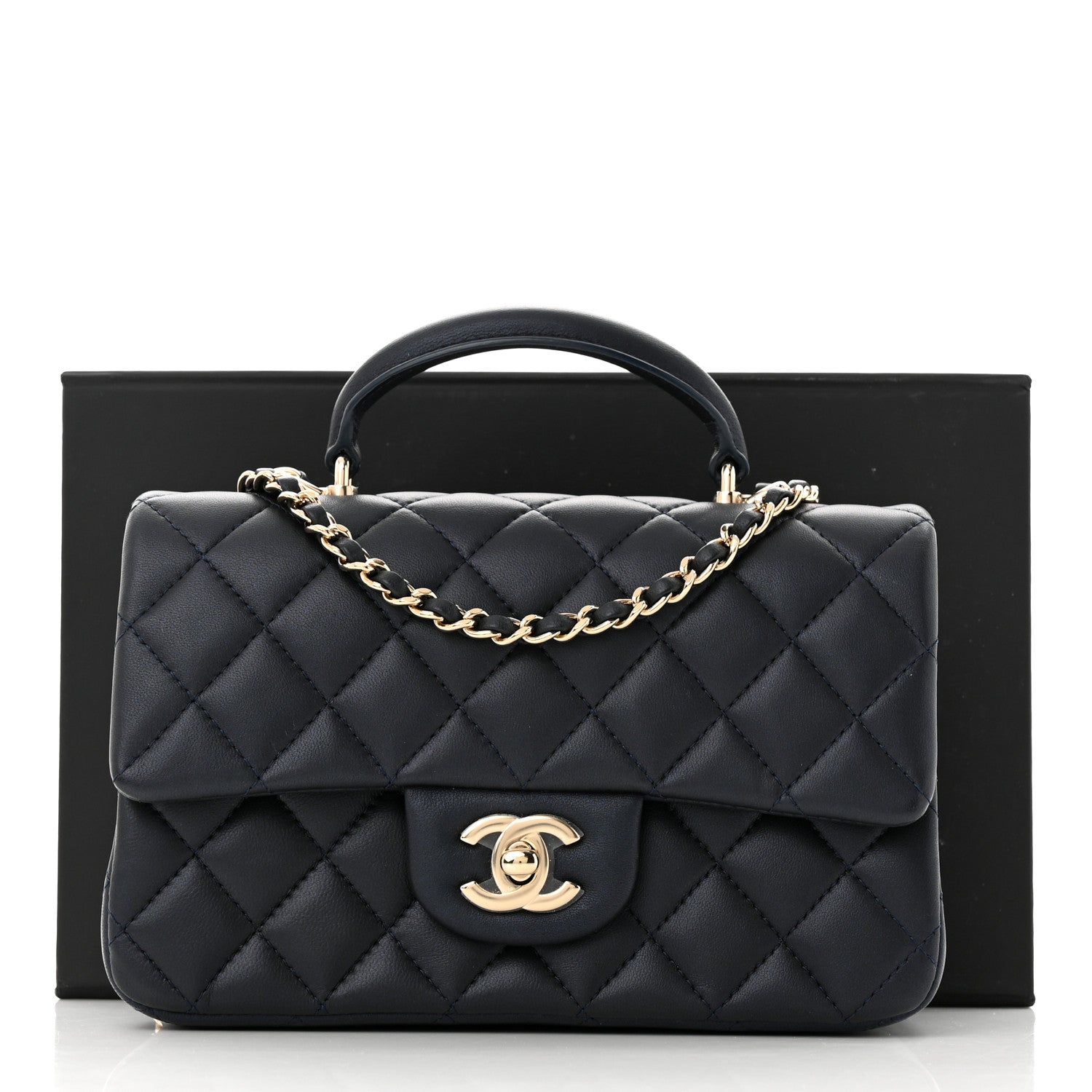 Chanel Iridescent Lambskin Quilted Mini Top Handle Rectangular Flap Dark Blue 11 of 11