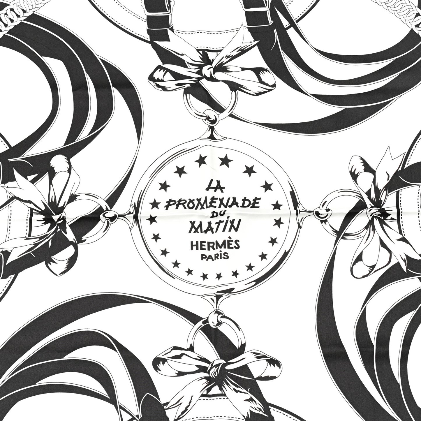 Silk La Promenade du Matin Bandana Double Face Scarf 140 White Black Cuir