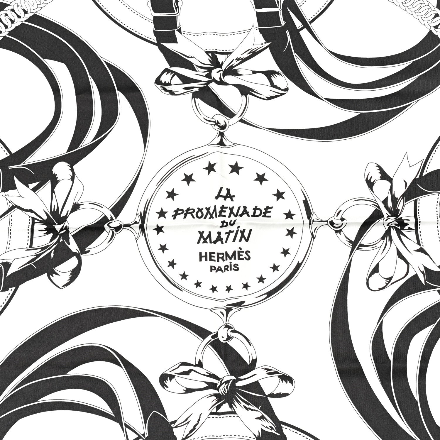 Hermes Silk La Promenade du Matin Bandana Double Face Scarf 140 White Black Cuir 2 of 4