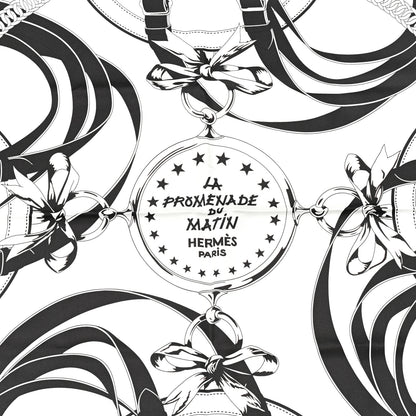 Hermes Silk La Promenade du Matin Bandana Double Face Scarf 140 White Black Cuir 2 of 4