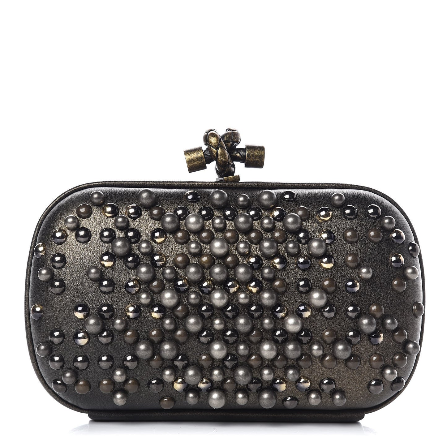 Nappa Pearl Embellished Knot Studded Clutch Gold