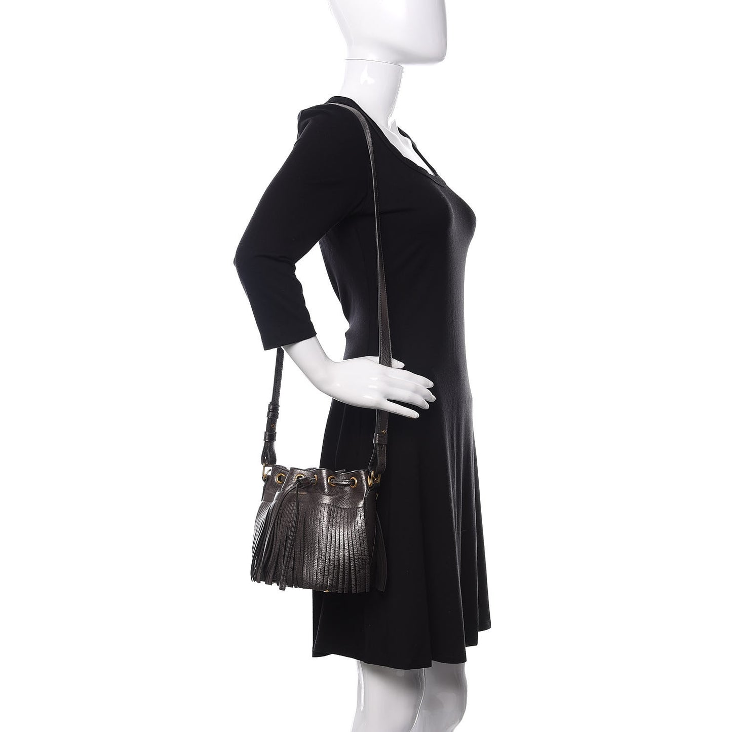 Metallic Goatskin Small Emmanuelle Fringe Bucket Bag Graphite