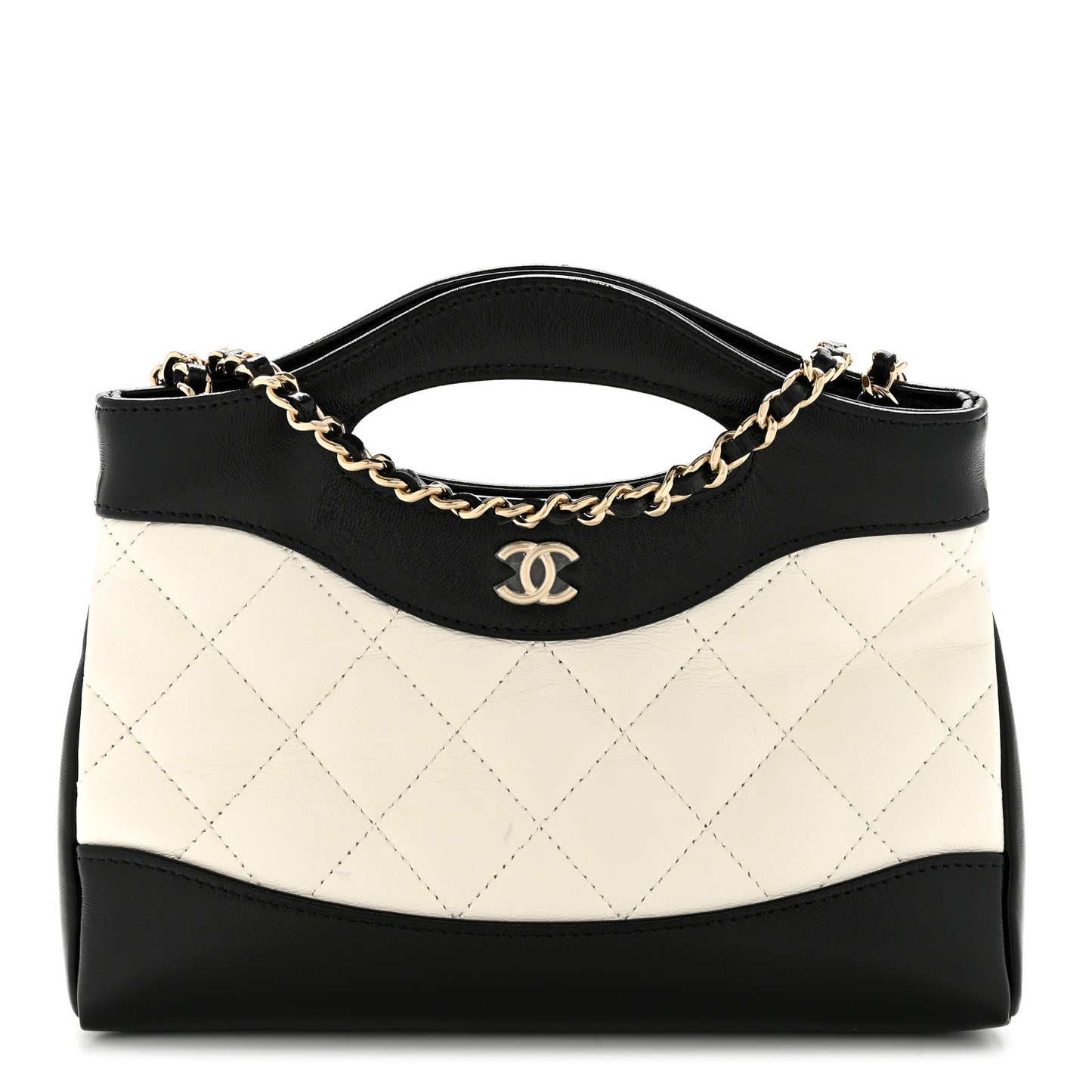 Shiny Crumpled Calfskin Quilted Nano 31 Shopping Bag White Black