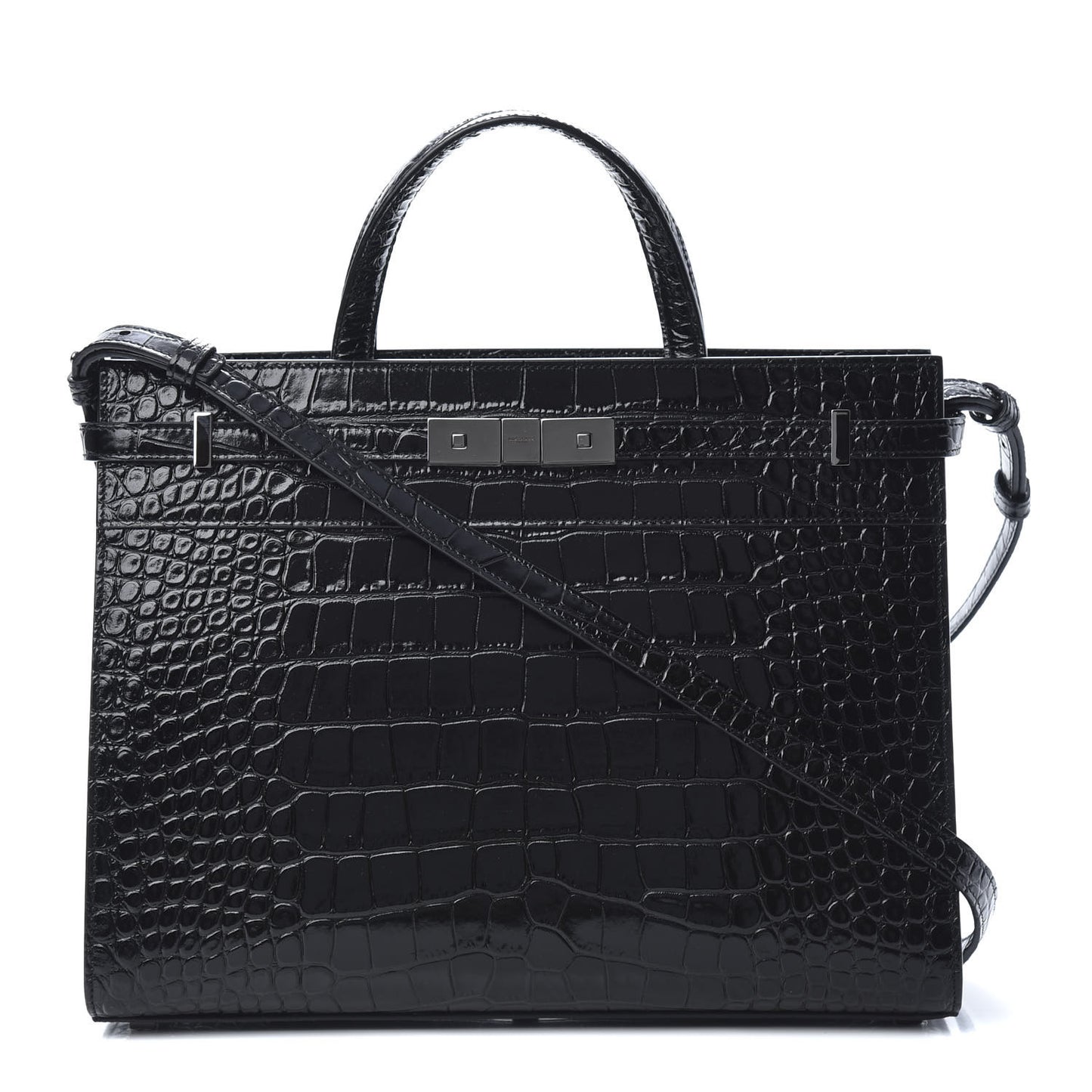 Shiny Calfskin Crocodile Embossed Small Manhattan Shopper Tote Black