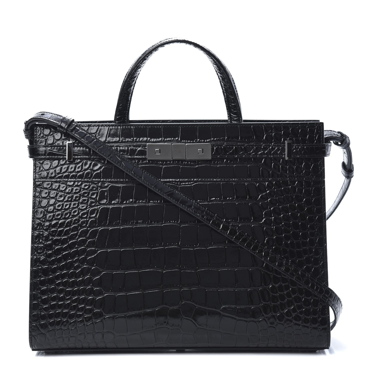 Saint Laurent Shiny Calfskin Crocodile Embossed Small Manhattan Shopper Tote Black 2 of 10