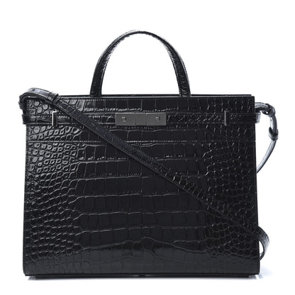 Saint Laurent Shiny Calfskin Crocodile Embossed Small Manhattan Shopper Tote Black 2 of 10
