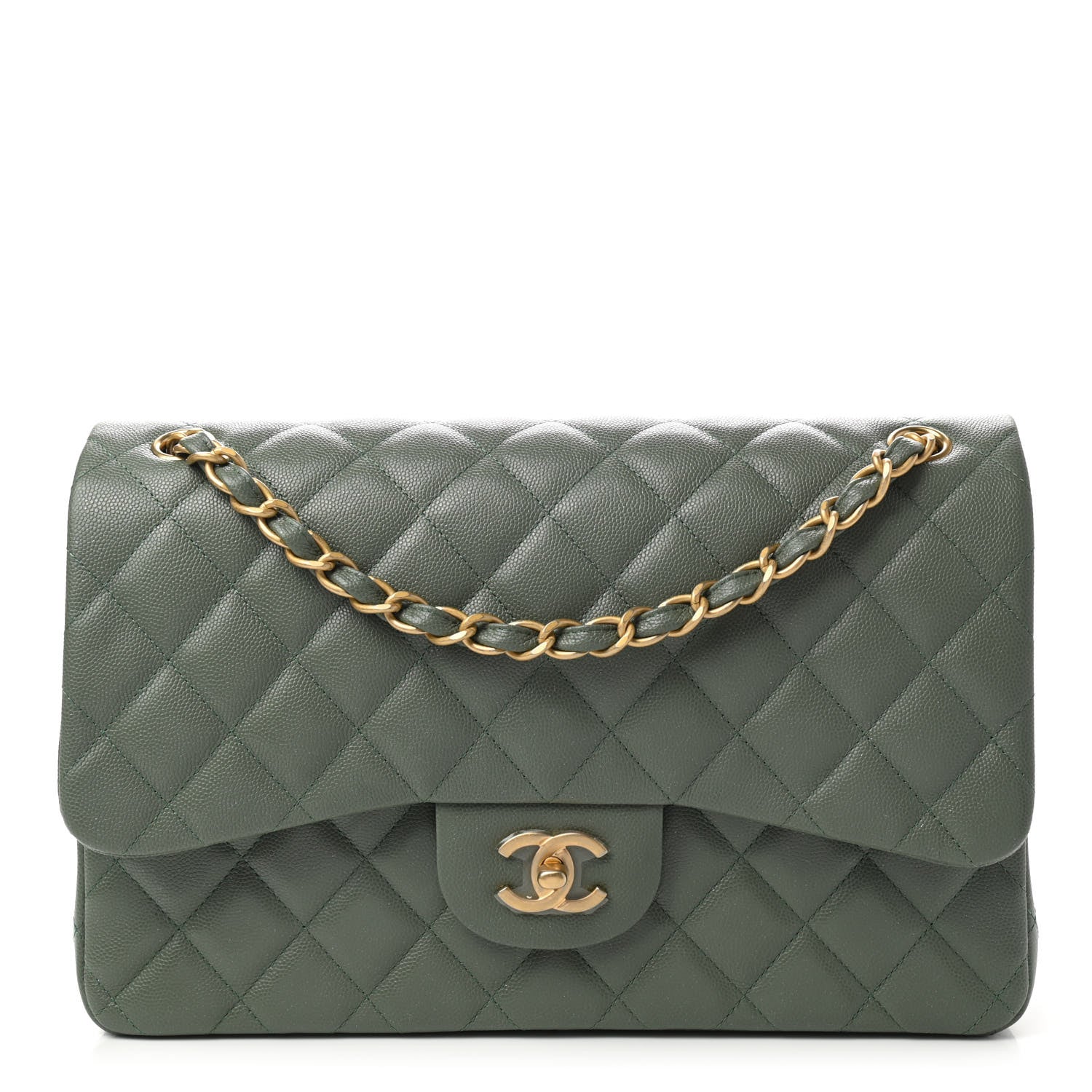 Chanel Caviar Quilted Jumbo Double Flap Dark Green 1 of 10