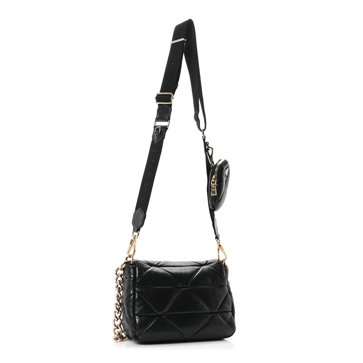 Nappa Re-Nylon Triangle Quilted Patchwork System Flap Shoulder Bag Black
