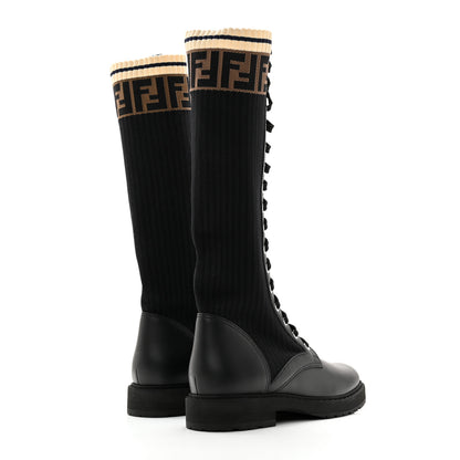 Fendi Calfskin Stretch Fabric FF Rockoko Tall Biker Boots 38 Tobacco Black Marino 4 of 8