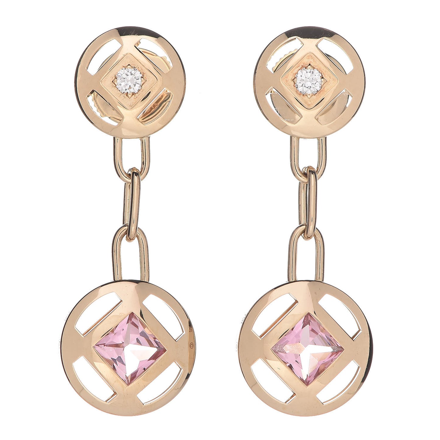 18K Yellow Gold Diamond Pink Tourmaline Pasha Drop Earrings