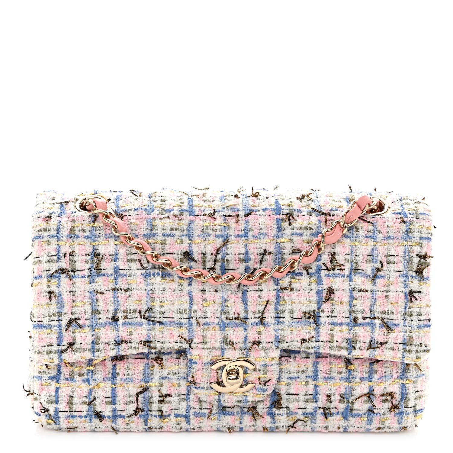 Chanel Tweed Quilted Medium Double Flap Blue Pink Gold White 1 of 11