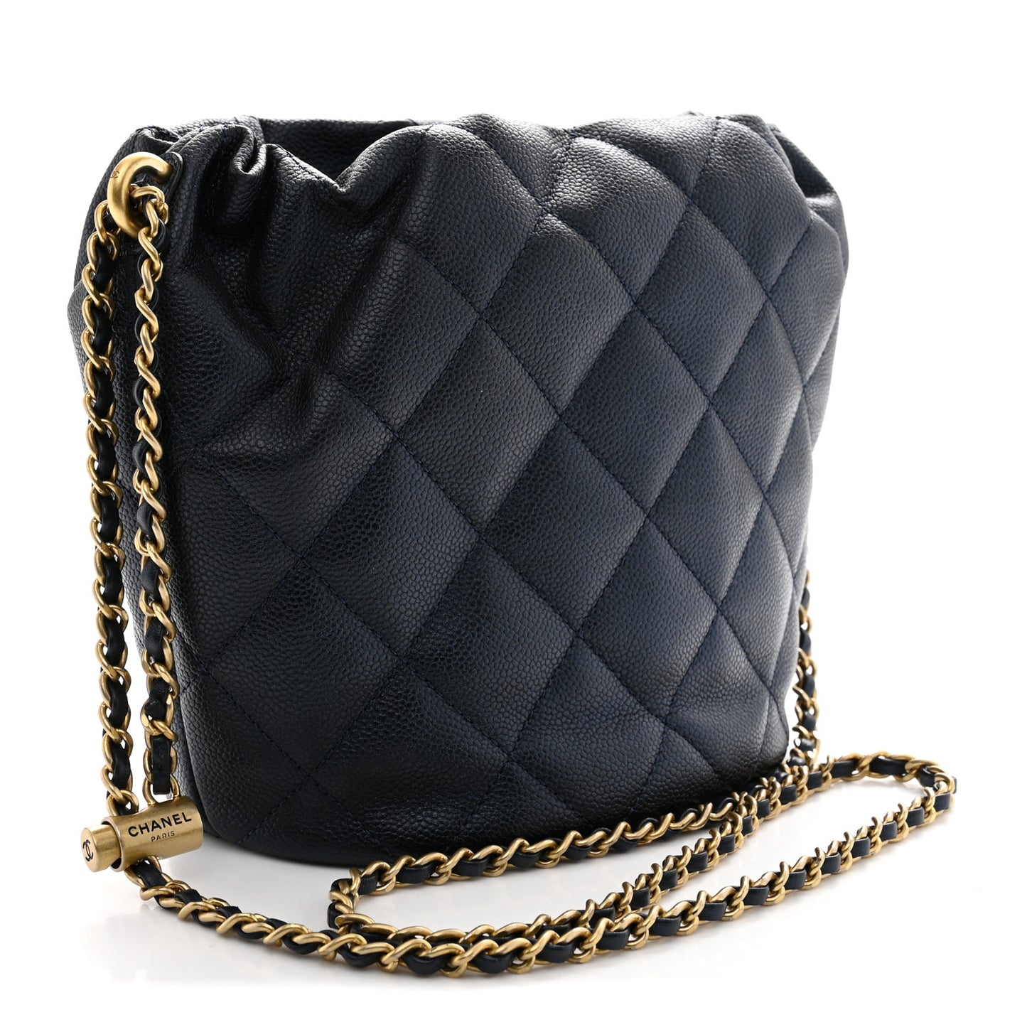 Iridescent Caviar Quilted My Perfect CC Bucket Drawstring Bag Blue