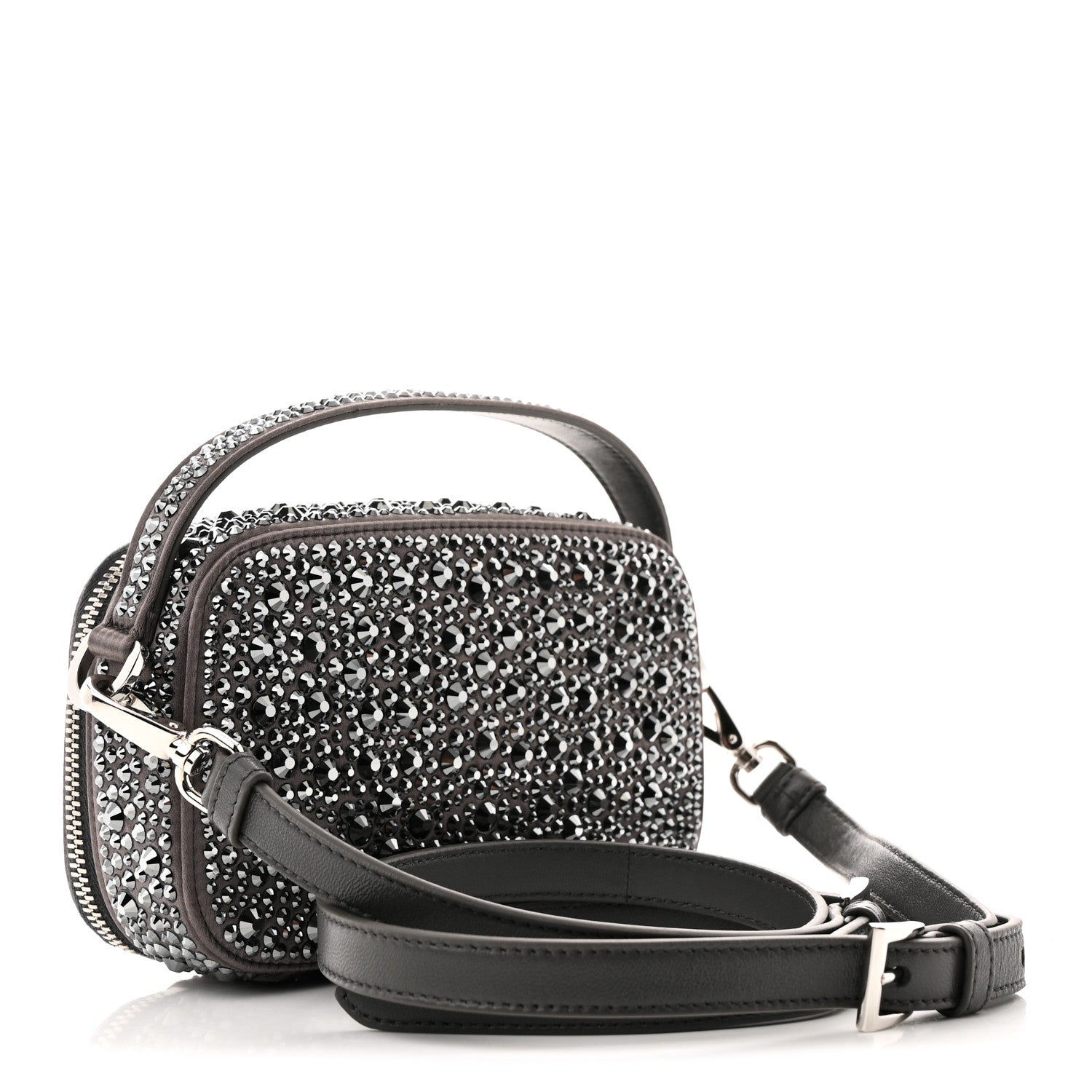 Prada Satin Crystal Metal Triangle Logo Odette Crossbody Fumo 3 of 10