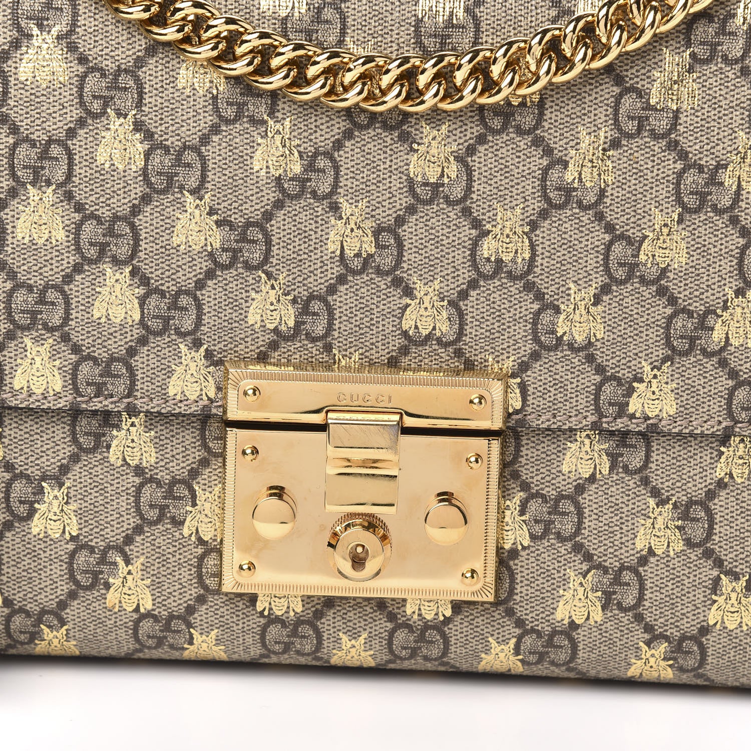 Gucci GG Supreme Monogram Bees Medium Padlock Shoulder Bag Beige Oro Black 11 of 12
