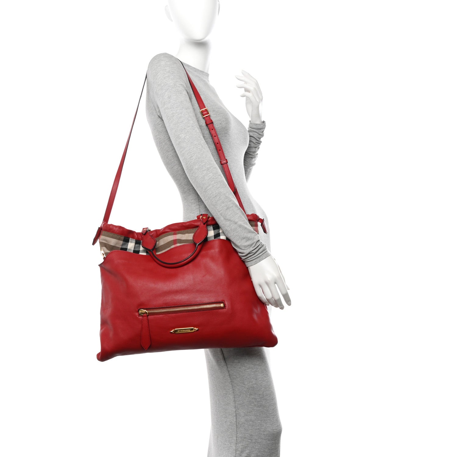 Burberry Soft Calfskin House Check Big Crush Tote Military Red 2 of 11