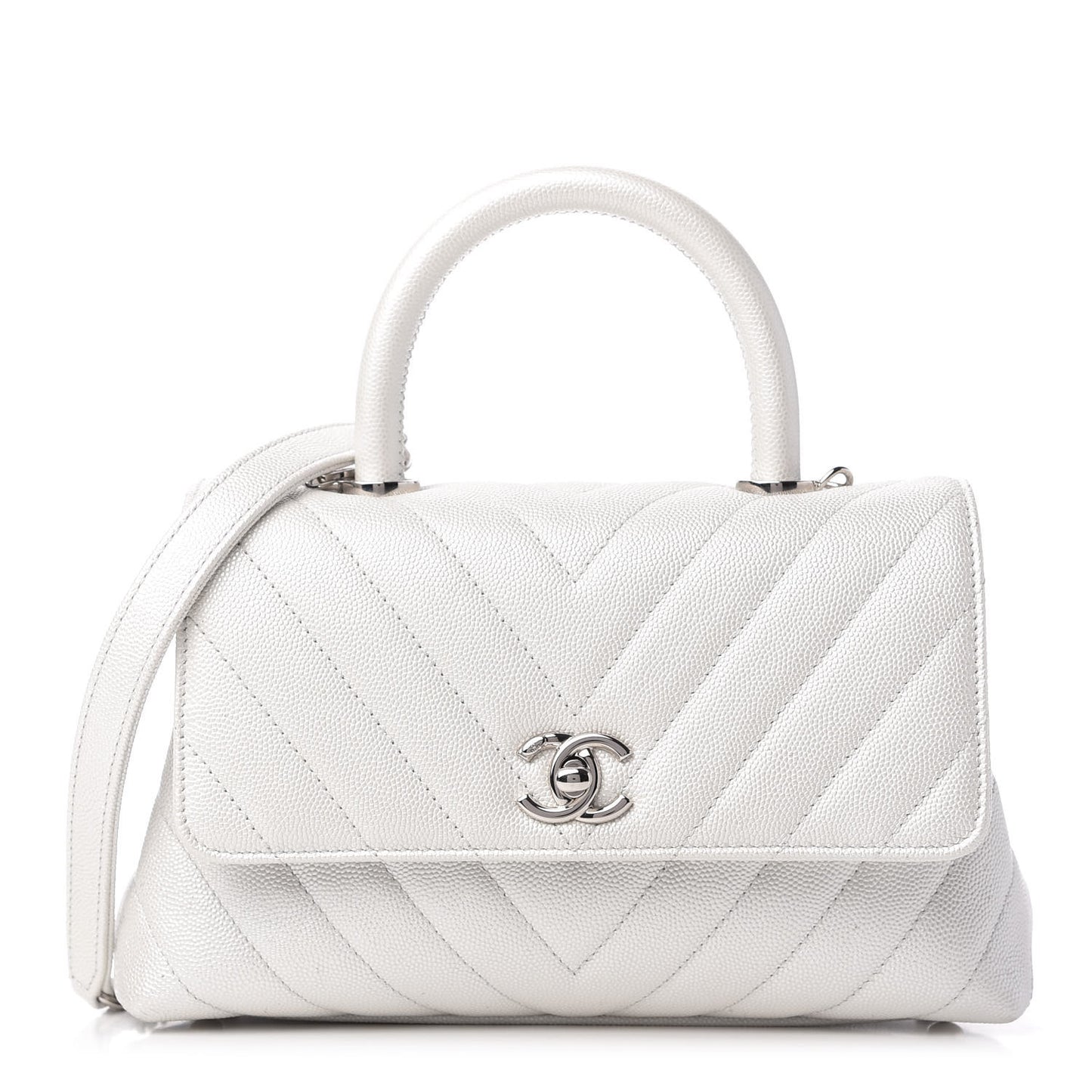 Iridescent Caviar Chevron Quilted Mini Coco Handle Flap White