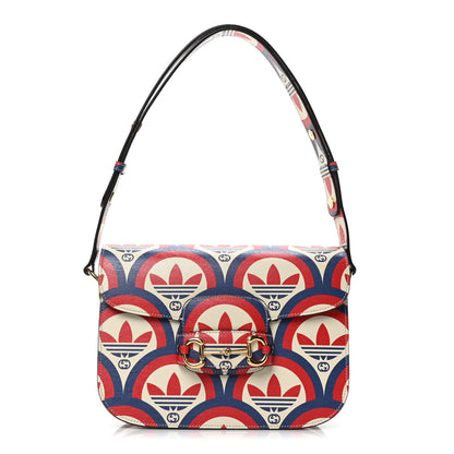 Gucci X ADIDAS Shangai Calfskin Web Trefoil Interlocking G Small Horsebit 1955 Shoulder Bag Red White Blue 1 of 10