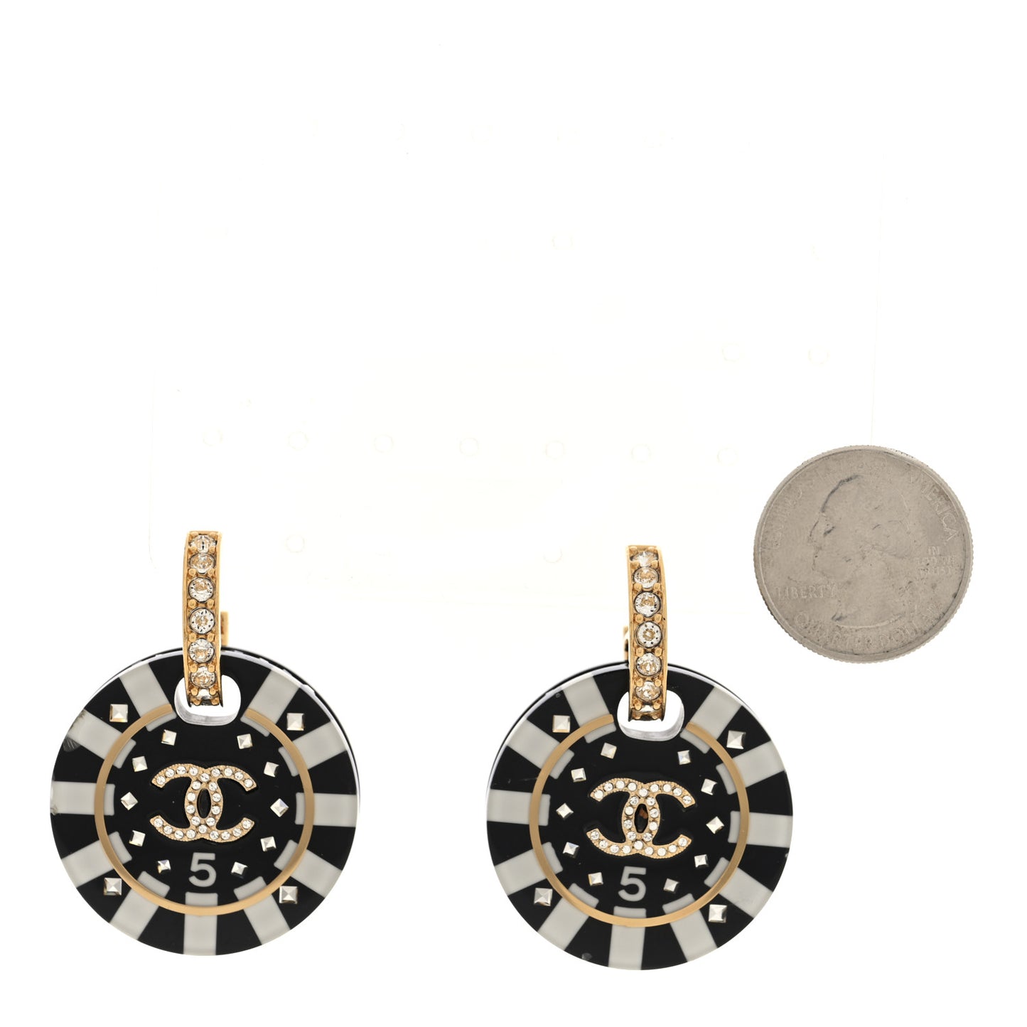 Resin Crystal CC Round Poker Chip Drop Earrings Black White Gold