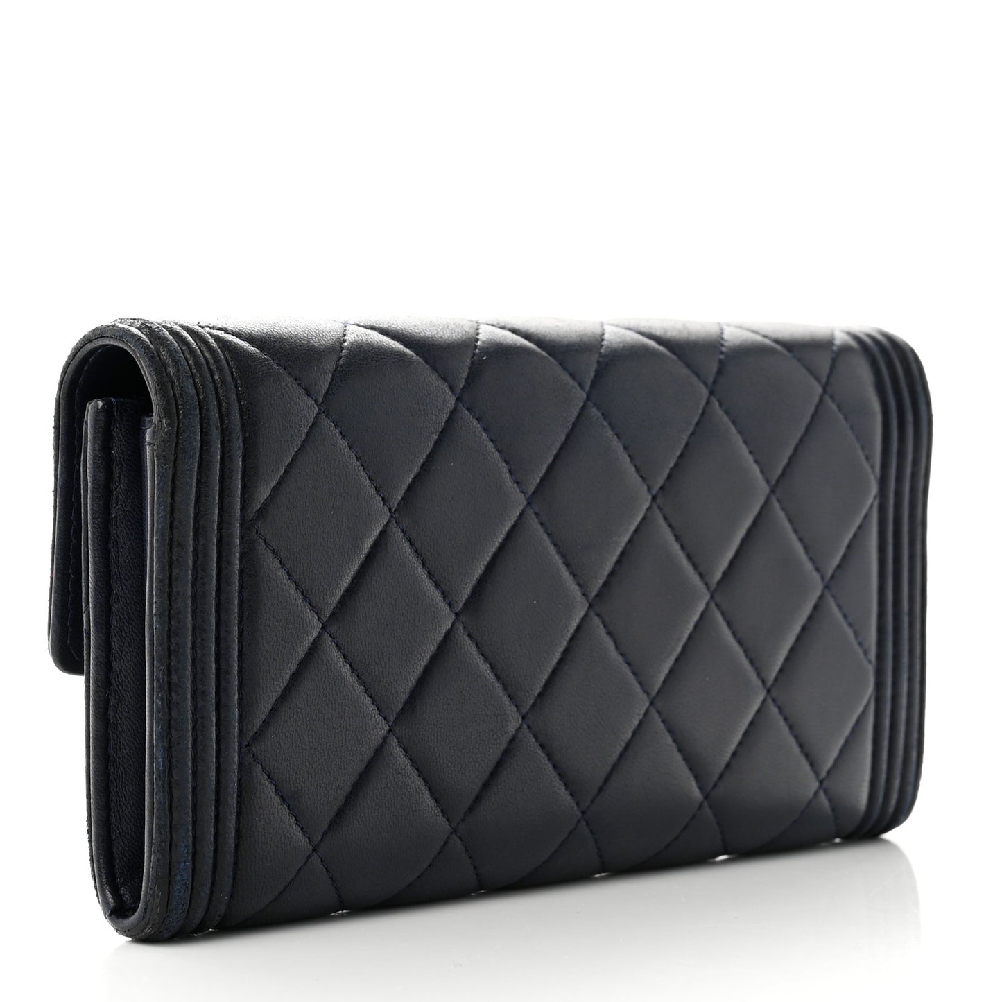 Lambskin Quilted Boy Large Gusset Flap Wallet Navy