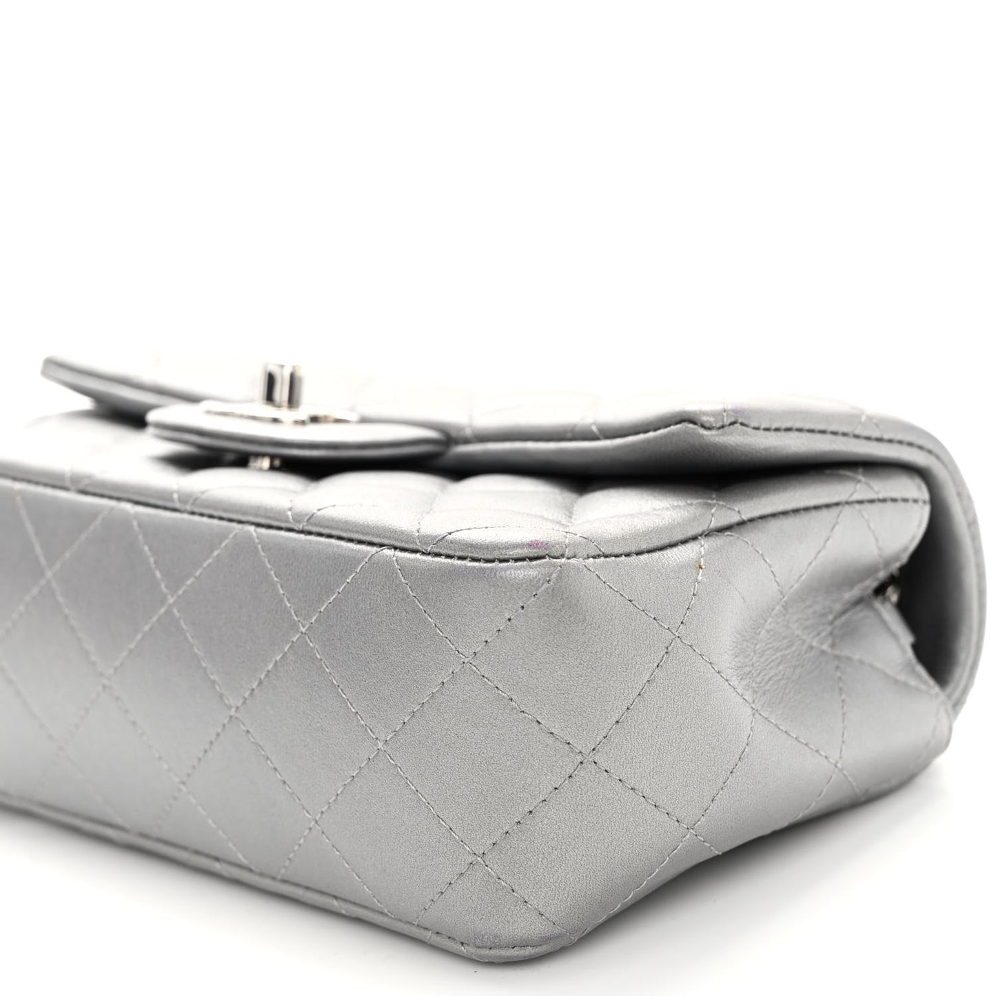 Metallic Lambskin Quilted Mini Rectangular Flap Silver