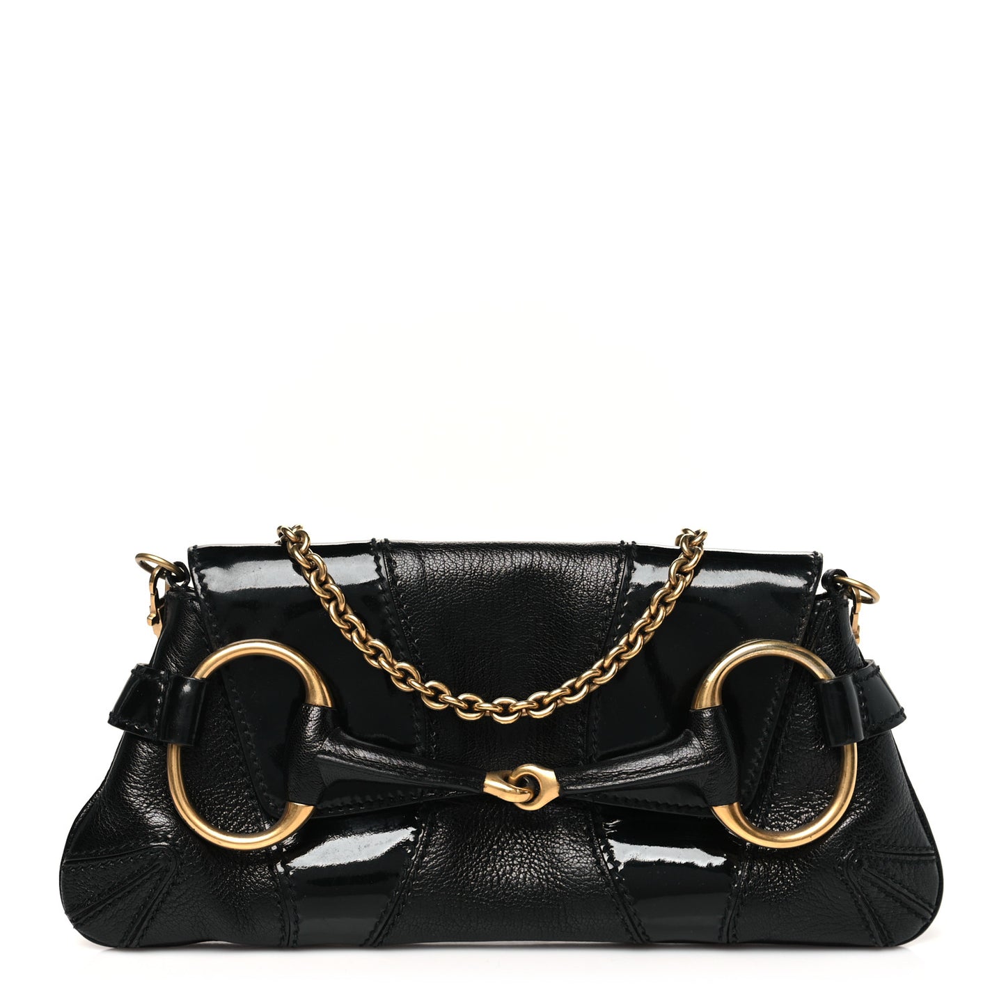 Goatskin Patent Horsebit Chain Clutch  Black