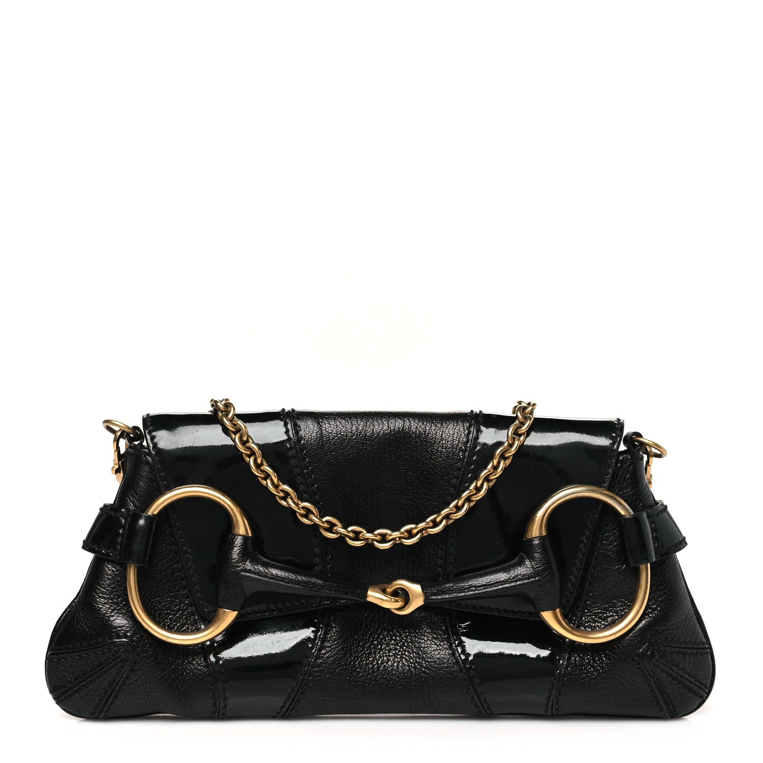 Gucci Goatskin Patent Horsebit Chain Clutch  Black 1 of 11