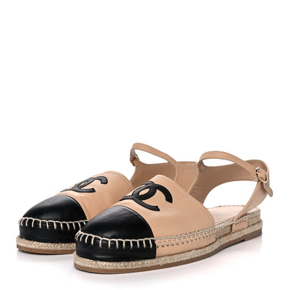 Chanel Lambskin Cap Toe CC Espadrille Sandals 42 Beige Black 3 of 13