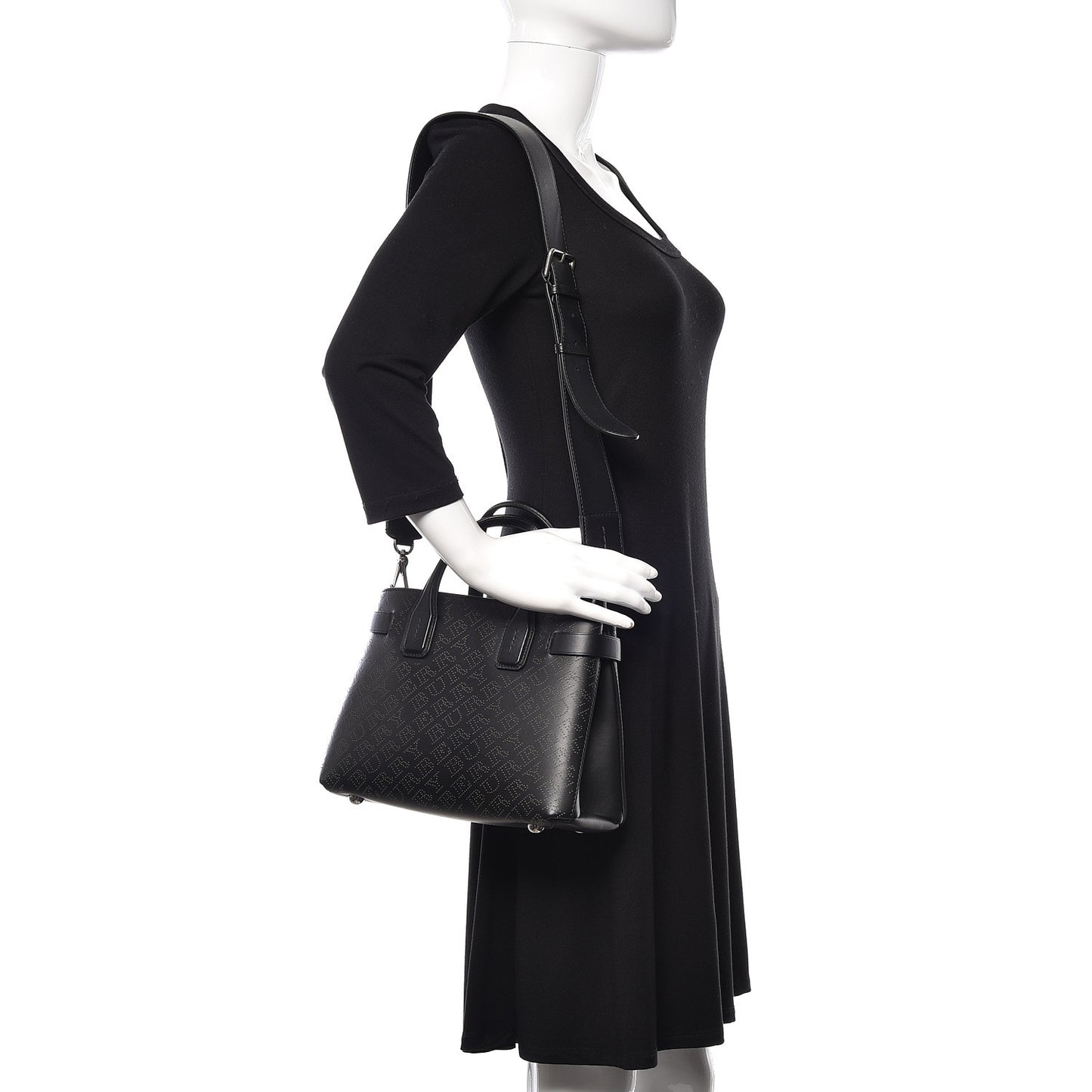 Calfskin Perforated Small Banner Tote Black