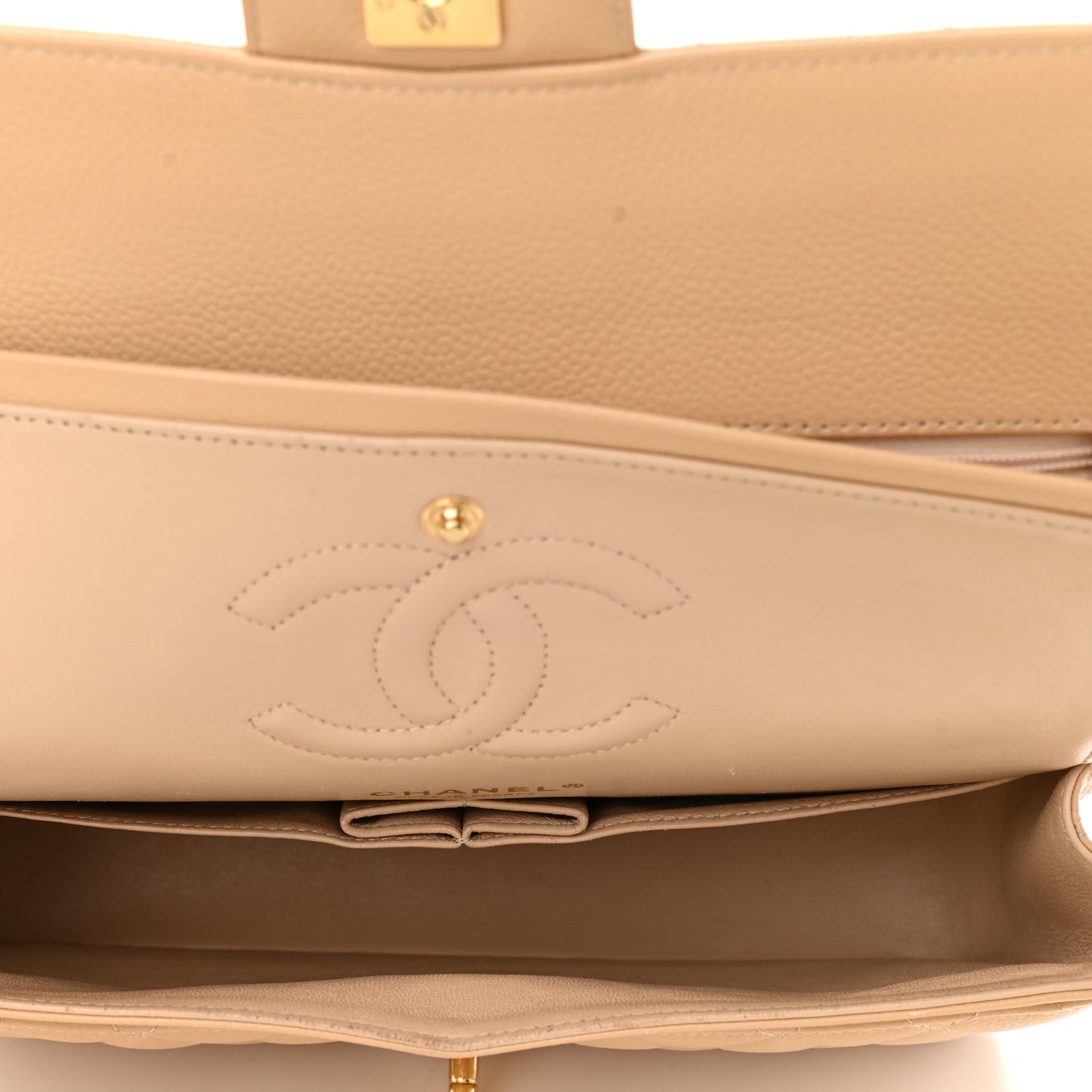 Caviar Quilted Medium Double Flap Beige