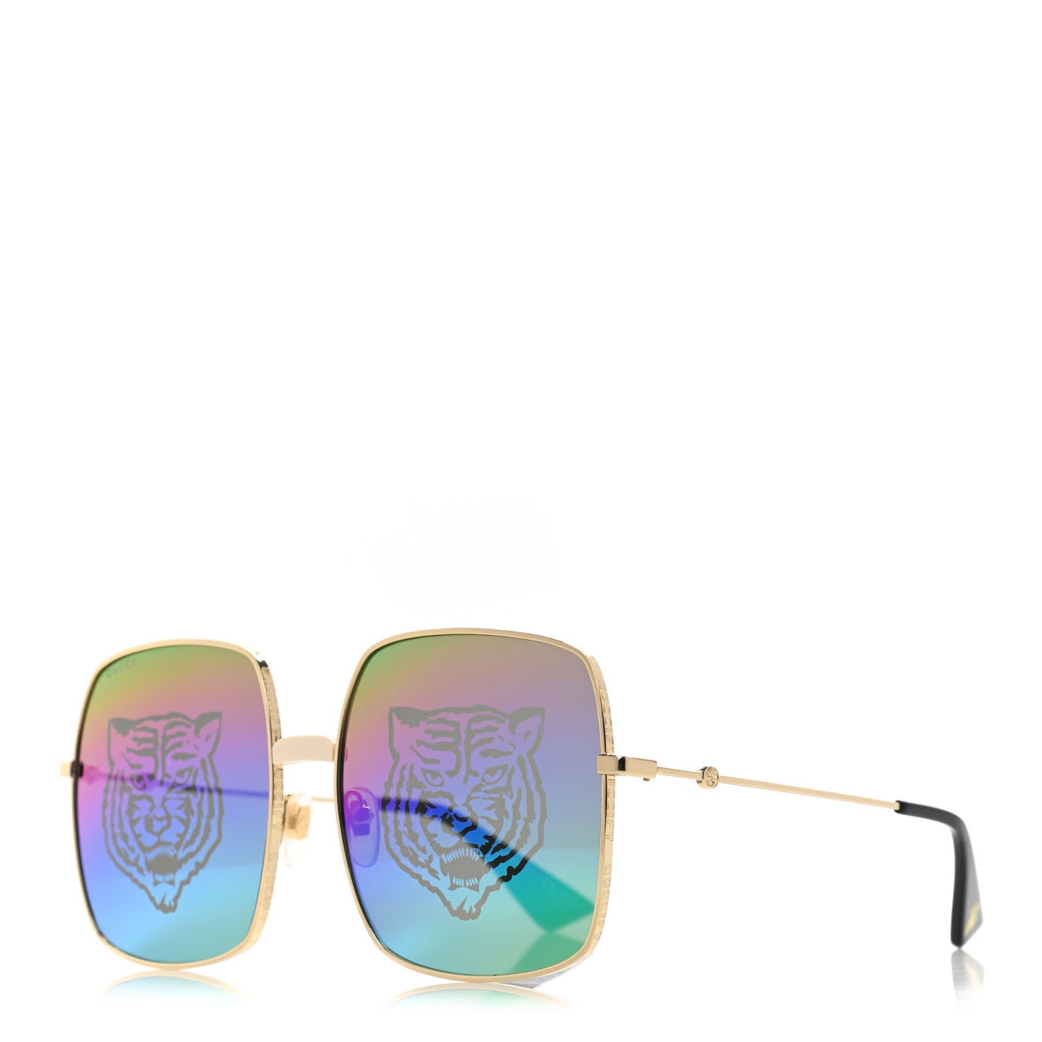 Gucci Metal Rectangular Frame Tiger Print Sunglasses GG0414S Gold 1 of 7